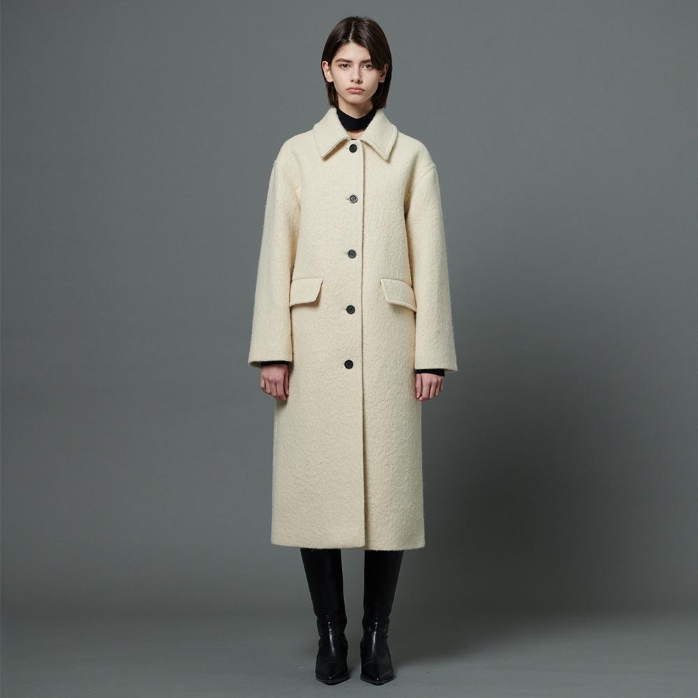 Boucle wool single collar coat - Cream