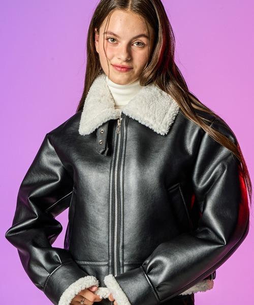 [하늘 착용] 블러드 셔링 양털 플리스 레더 무스탕 자켓 [Black_White]