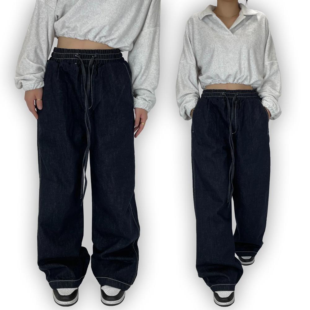 남녀공용 논페이드 생지 데님 스티치 밴딩 와이드 팬츠