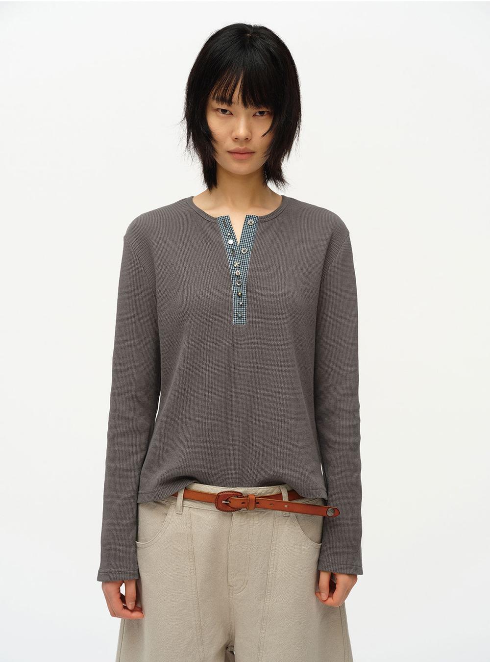 Waffle Texture Button Trim Top