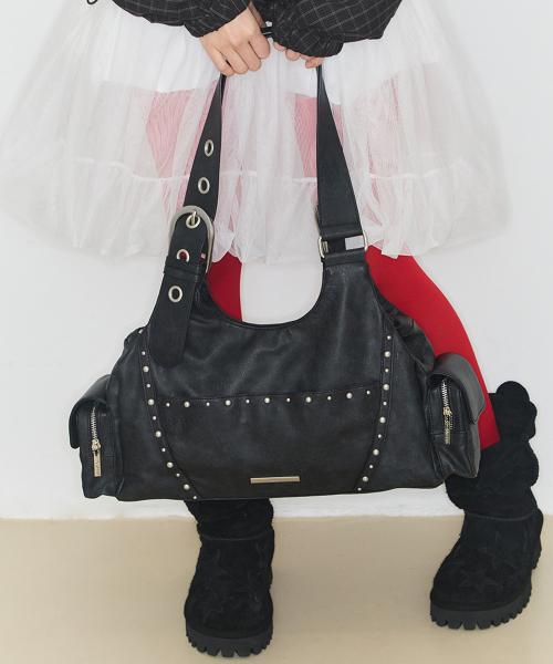 루프 더블 포켓 숄더 백 블랙