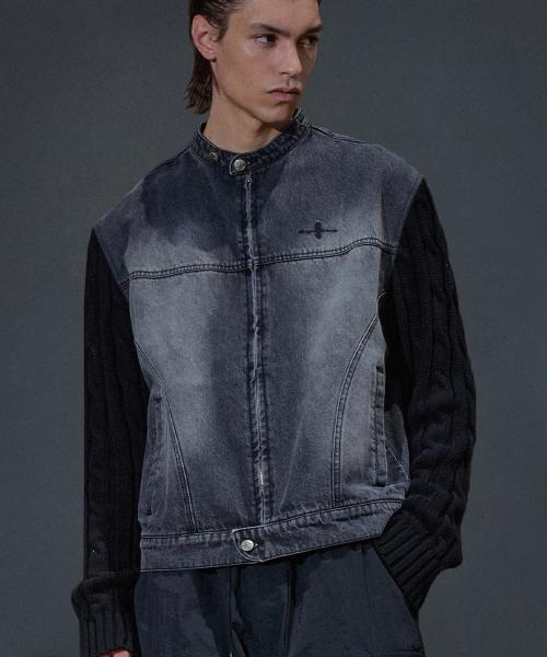 Knit Sleeve Denim Jacket - Black