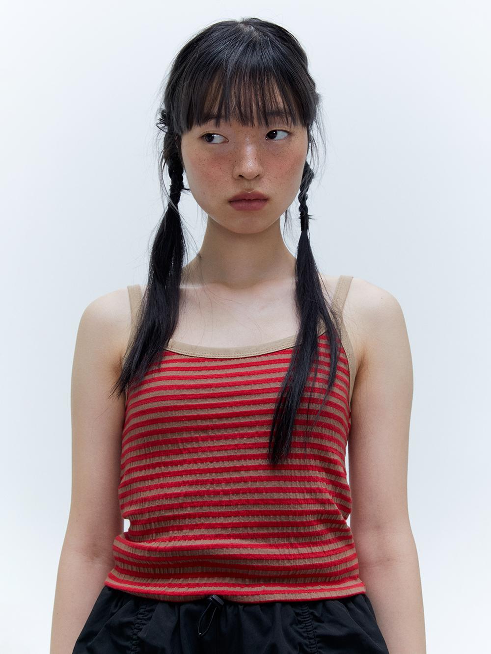 Crinkle Sleeveless Top RED/BEIGE