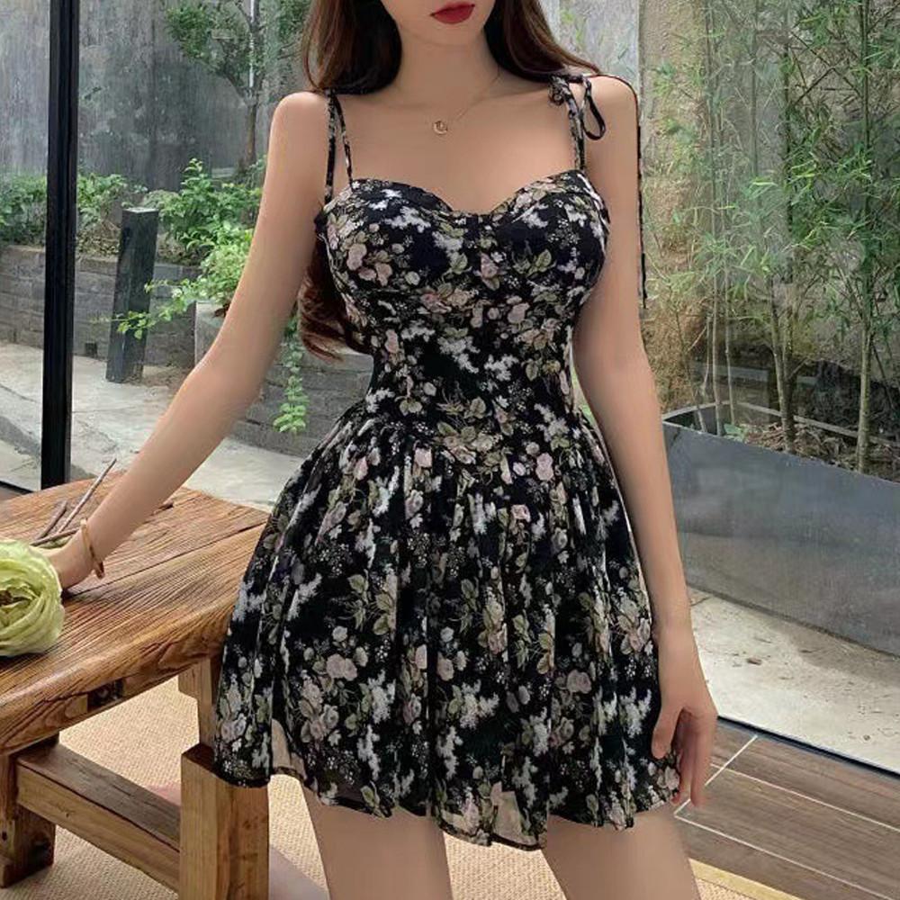 플라워 탱크 탑 쉬폰 미니 원피스 섹시룩