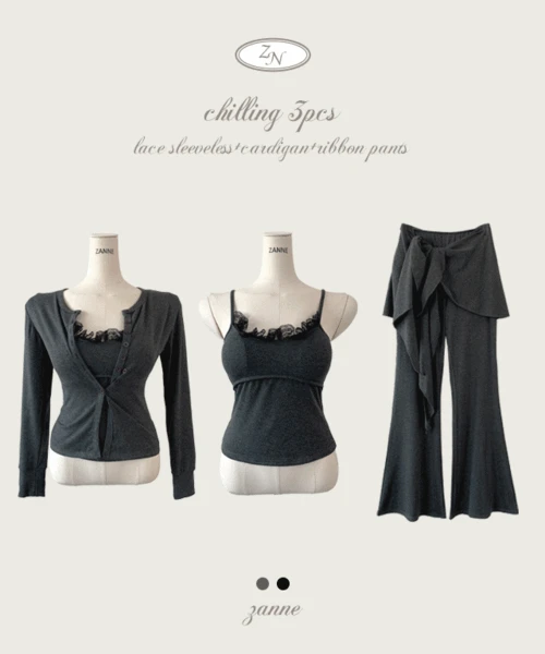 칠링 레이스 나시 + 가디건 + 랩 부츠컷 팬츠 3pcs