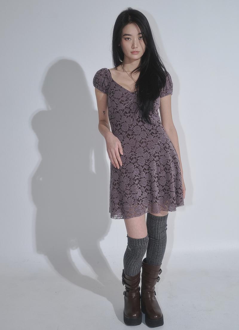 FLORA LACE PUFF DRESS / BROWN