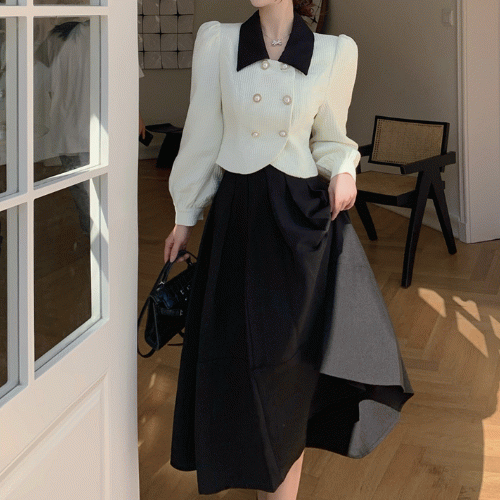위드포에버 [최저가/하객룩] 화이트펄 골드버튼 블랙카라 크롭자켓 플리츠 롱스커트 투피스 셋업 세트 언발 더블버튼 봄 가을 겨울 신상 결혼식하객룩 고급 우아 페미닌 퍼프 연말룩 연회룩 모임룩