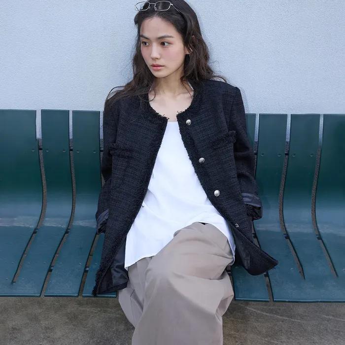[무료반품] Fringed Tweed Jacket Black