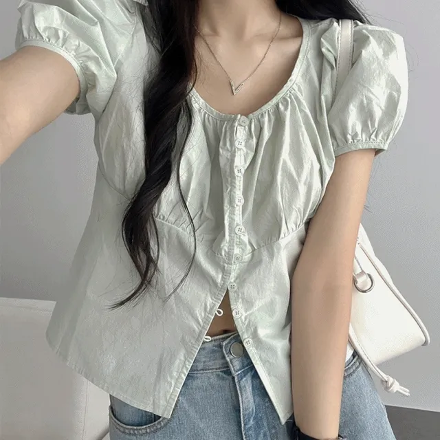 [귀여워!/2col] 퍼프 라운드 주름 반팔 블라우스