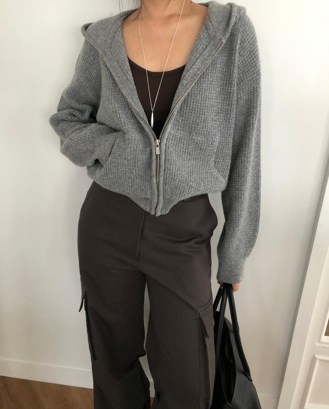 Waffle crop hoodie zip-up-3color