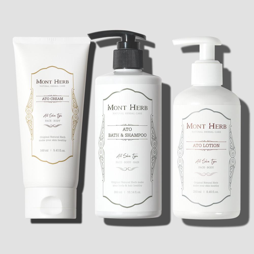 몽뜨허브 아토 3종세트 / 아기 주니어 성인 천연 저자극 보습제 로션 크림 바디워시 샴푸