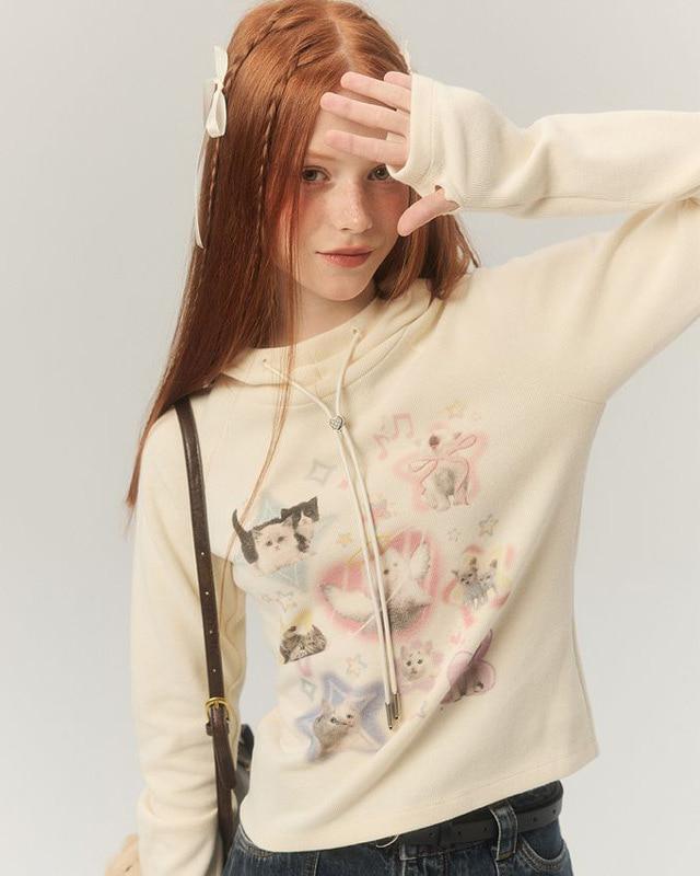 LOLOL 키티 하이넥 스트랩 후드탑 (아이보리)