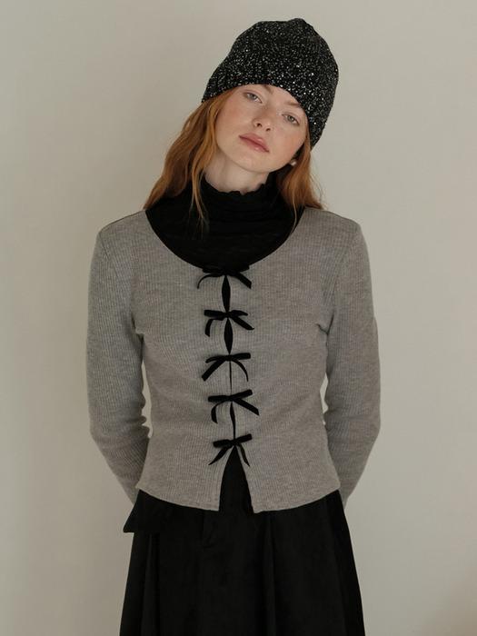 Cest_Velvet ribbon round neck top_GRAY