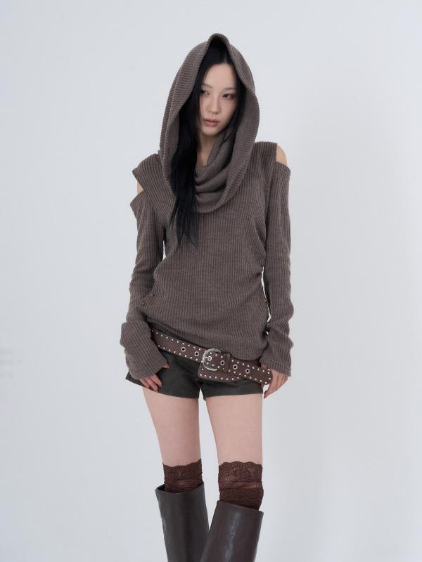 로웨어 [ made ] cawl neck hood slit stud knit / brown