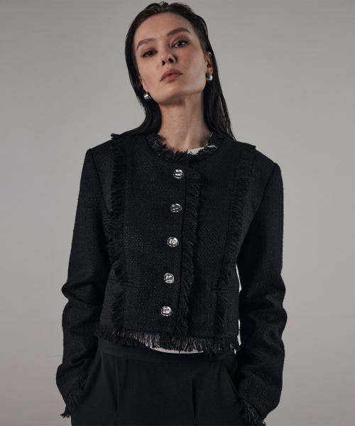 트리밍버드(TREEMINGBIRD)  Tassel Incision Tweed Jacket [ Black ] - 사이즈 & 후기 | 무신사