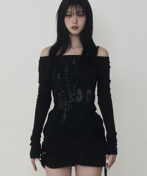 레터링 로고 보트넥 시스루 티 (블랙)