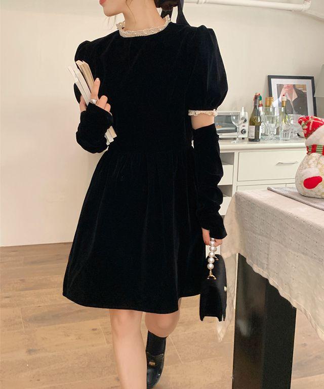 [연말룩/크리스마스] [워머 세트] 에리얼 벨벳 미니 원피스
