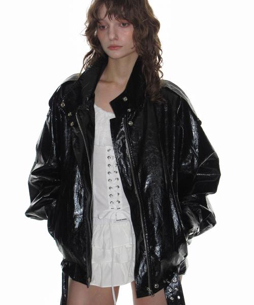 레더 벨티드 블루종 자켓_블랙