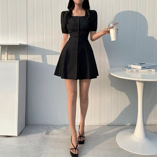 페인 데님 퍼프 반팔 플레어 뒷리본 미니 원피스  ( 여름 청 ops 스퀘어넥 플리츠 데이트룩 데일리룩 )