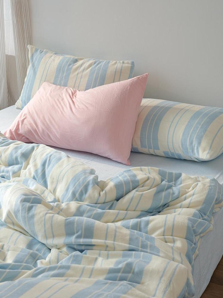 수심 Aqua Blue Bedding 아쿠아 스트라이프 겨울 이불 베개 세트 침구 극세사