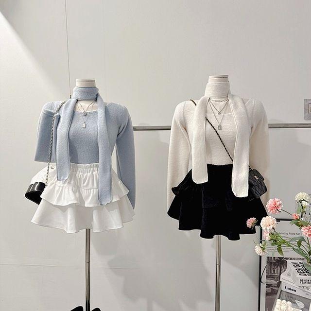 [y2k!/하이틴!/유니크!] 겨울 몽쉘 섹시 글램 슬림 초커 머플러 스카프 타이 기모 라운드넥 오프숄더 언발 레이어드 이너 무지 크롭 긴팔 티셔츠 투피스 세트 [4color]_이프유마인