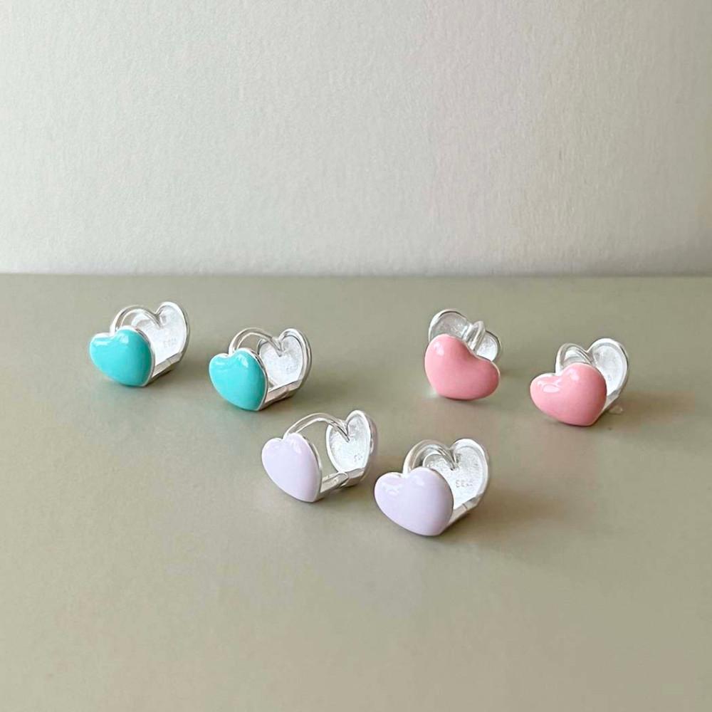 실버925 캔디 양면 컬러 통통 하트 원터치 귀걸이 3color 핑크 민트 연보라 은귀걸이