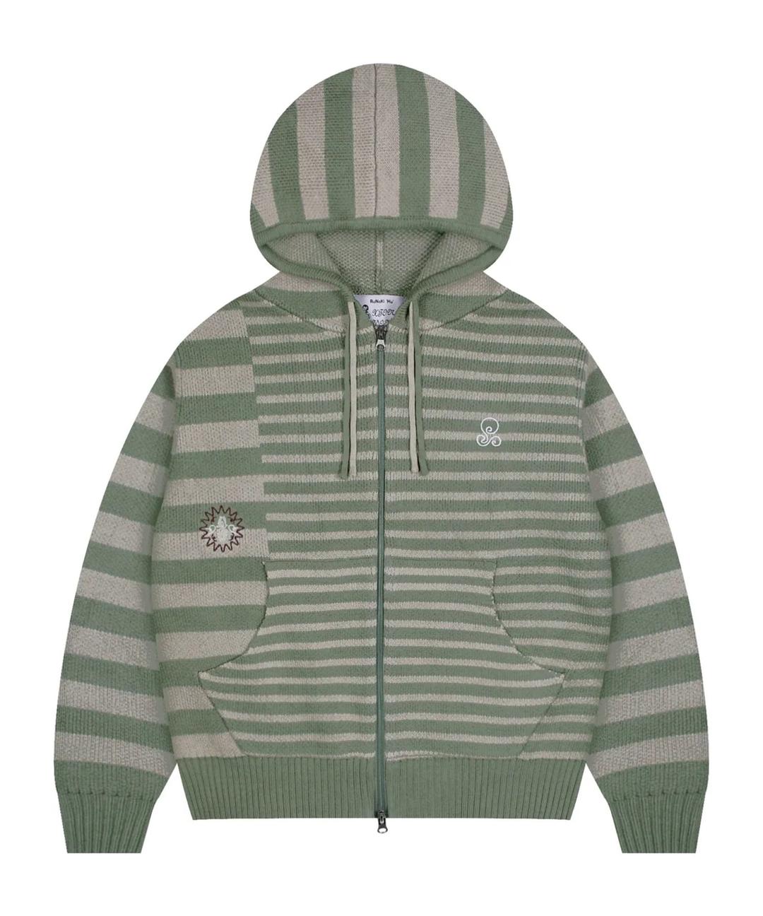 루나키후 WXK008 언발란스 스트라이프 니트 후드 집업 (Khaki)