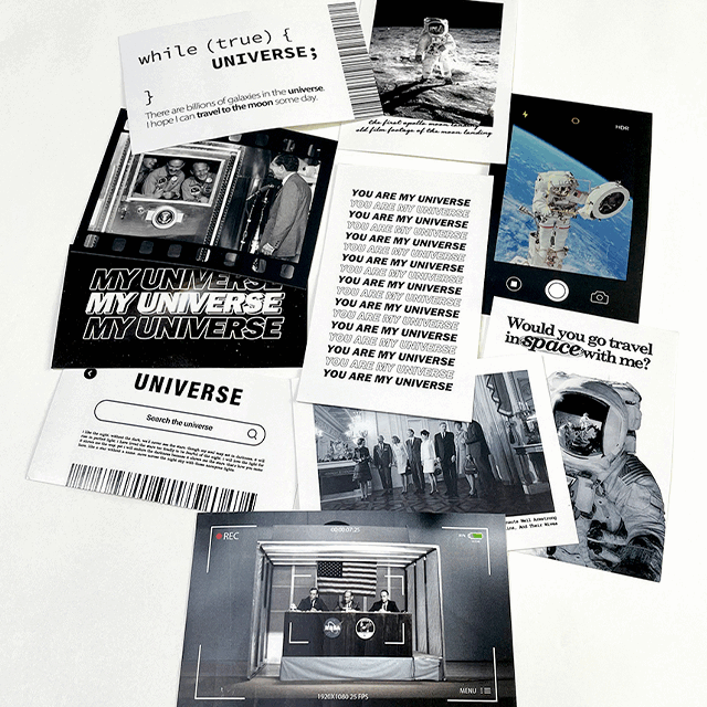 [11장] 흑백 모노톤 우주 아폴로 문 레터링 폰꾸 다꾸 스크랩북 다이어리 스티커팩