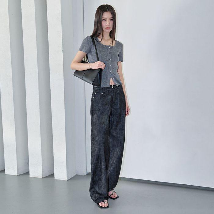 (W)[썸머 린넨라이크]Signature Low Rise Wide Jeans DCWPT004CPBlack