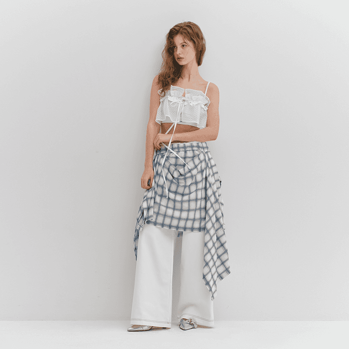 CHECK DRAPED LONG SKIRT - WHITE
