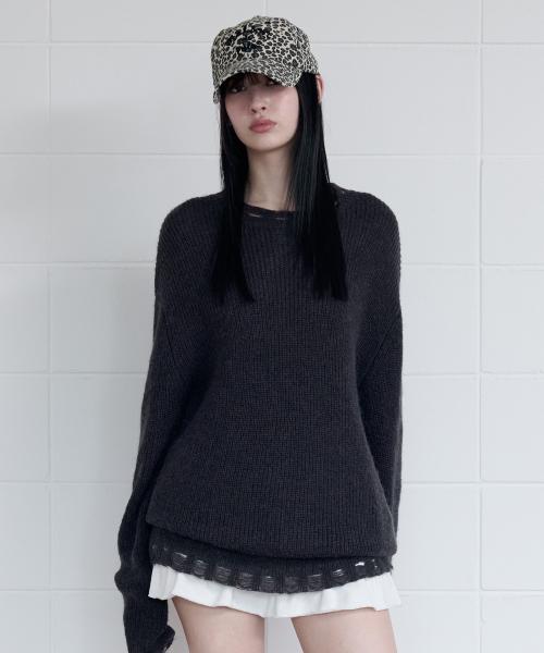 MOHAIR WOOL BLENDED DAMAGED KNIT DEEP GRAY