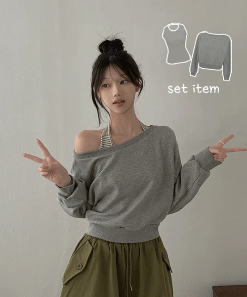 [set구성/꾸안꾸🫶] 애플 원숄더 스트라이프 단가라 홀터넥 나시 보트넥 세미 크롭 긴팔 맨투맨 루즈핏 데일리룩 상체커버 여리핏 세트 투피스 3colors