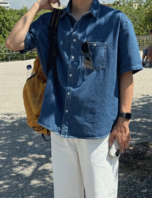 데이트 스티치 데님 반팔셔츠 (2color)