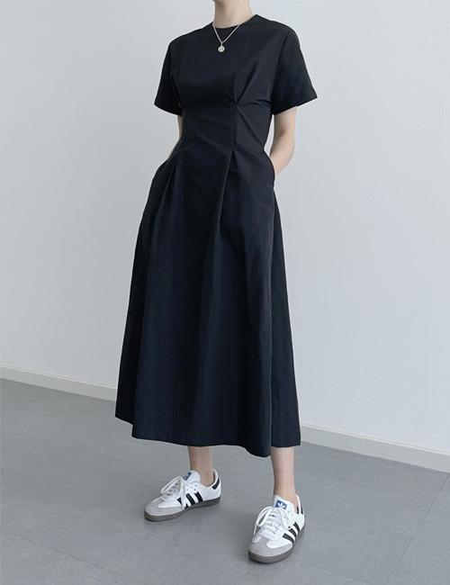 라인 나일론 핀턱 반팔 롱원피스 [3color]