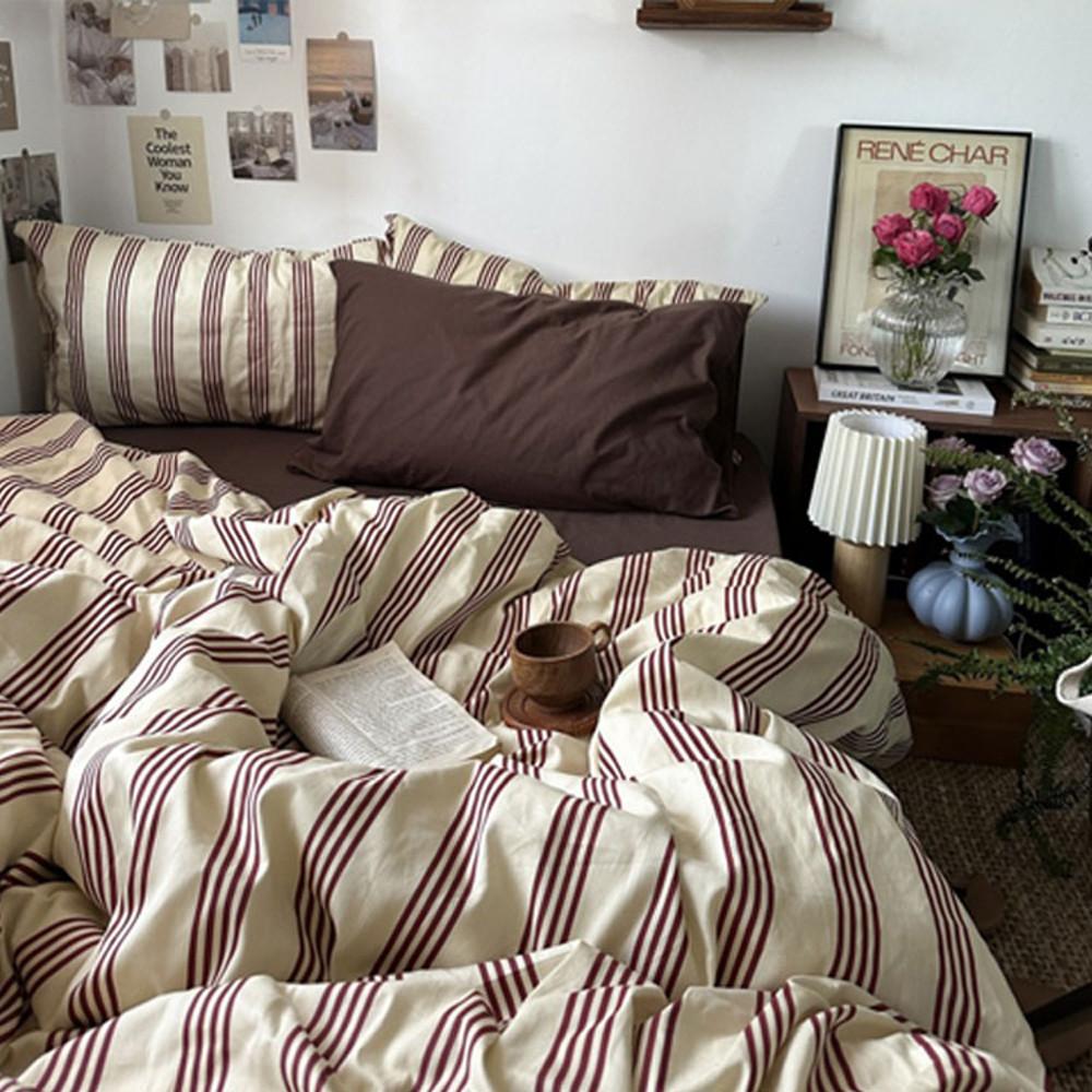 순면 가을 간절기 브라운 레드 침대커버 세트 (S, Q)