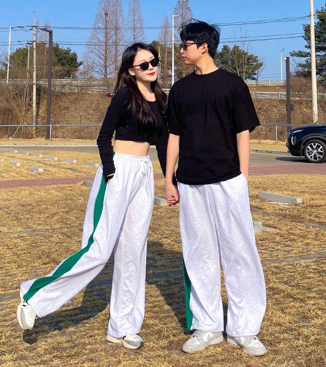 [옆라인골지/3컬러] 골지 배색 스트링 롱 와이드 트레이닝 팬츠 트레이닝바지 츄리닝 하이웨스트 바지 조거팬츠 밴딩바지 투톤바지 커플룩 시밀러룩 캠핑룩