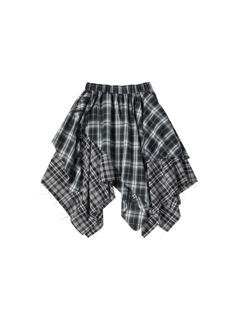 W CHECK UNBALANCE SKIRT [BLACK]