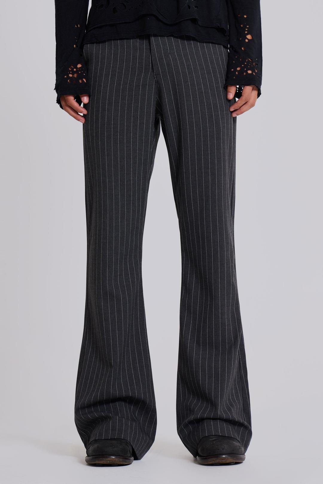 Grey Pinstripe Stacked Bootcut Suit Pants - W28 / Grey