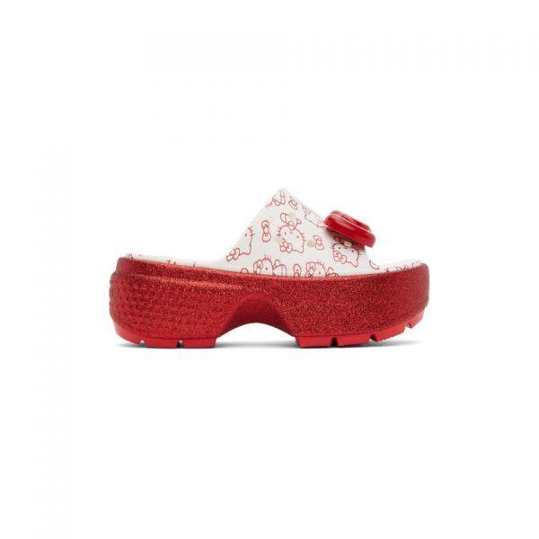 Crocs 화이트  레드 헬로 키티 스톰프 슬라이드 샌들 193129