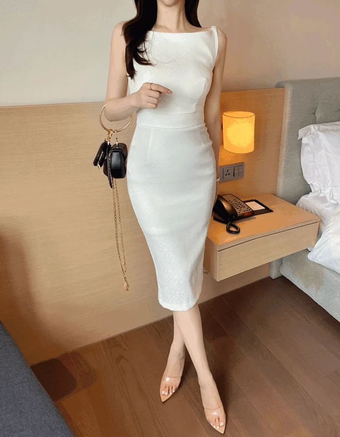 (핏강추) 자가드 입술넥 보트넥 단아 섹시 나시 H라인 캡 원피스 (2col)