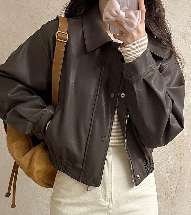어텀 비건 레더 크롭 밴딩 가죽 자켓_친구옷장