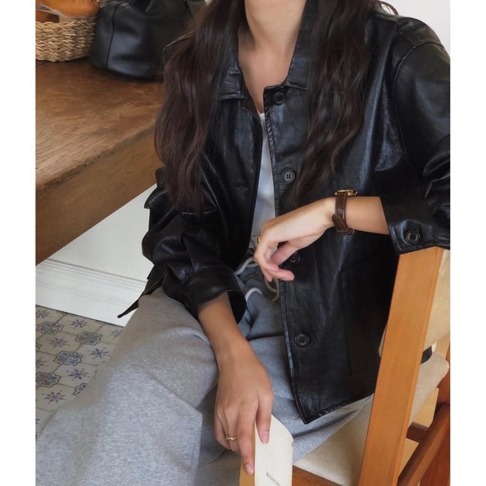 테이크 카라넥 레더자켓 간절기 단추 블루종 가죽 자켓