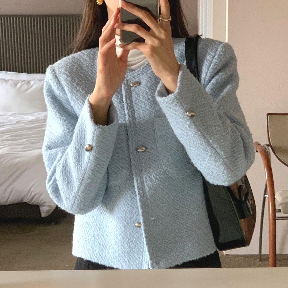 누빔 울 트위드자켓 하늘색 데이트룩 하객룩
