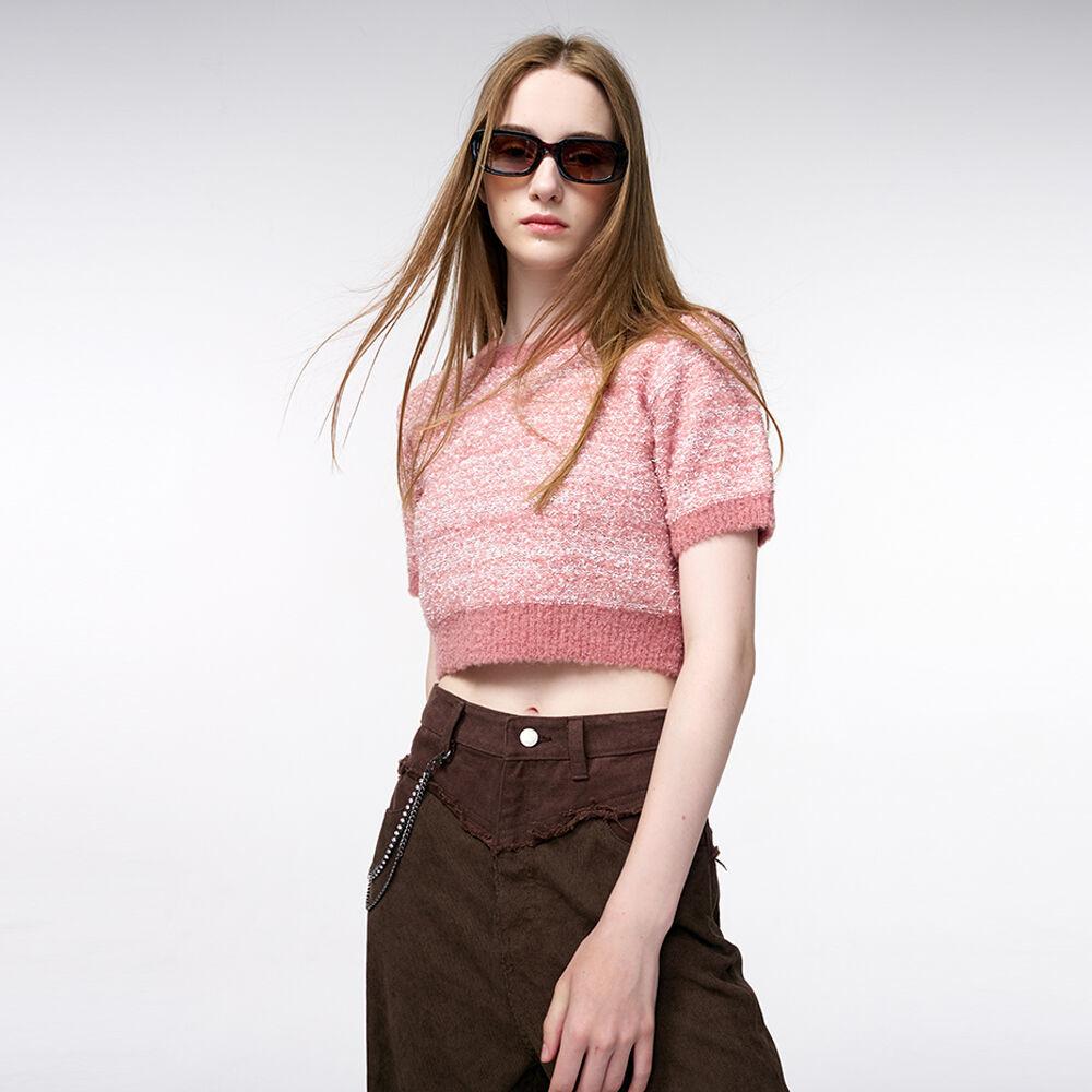 Color Blend Short Sleeve Knit Top, Coral Pink