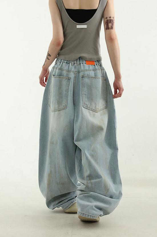 oversize dirty denim balloon banding pants (unisex)