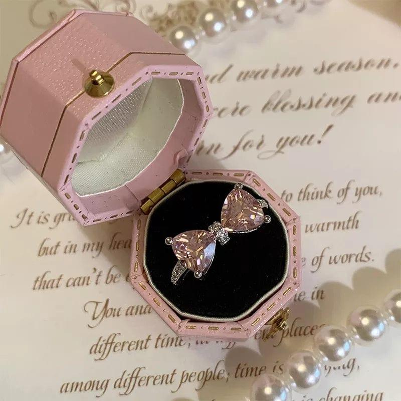 Chic CZ Inlaid Colorful Crystal Heart Bowknot Ring - Pink
