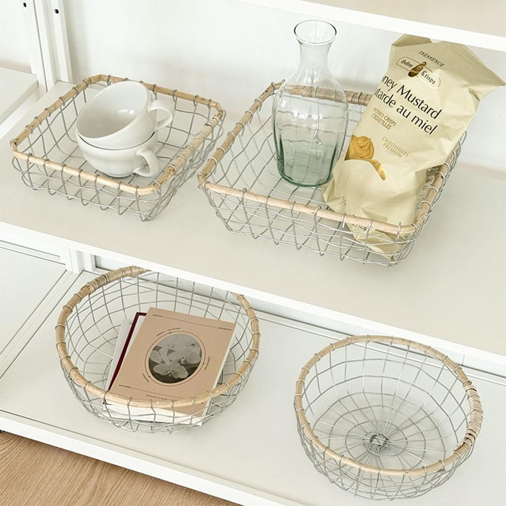 빈티지 철제 바구니 수납 정리 와이어 바스켓 사각 원형 손잡이 S