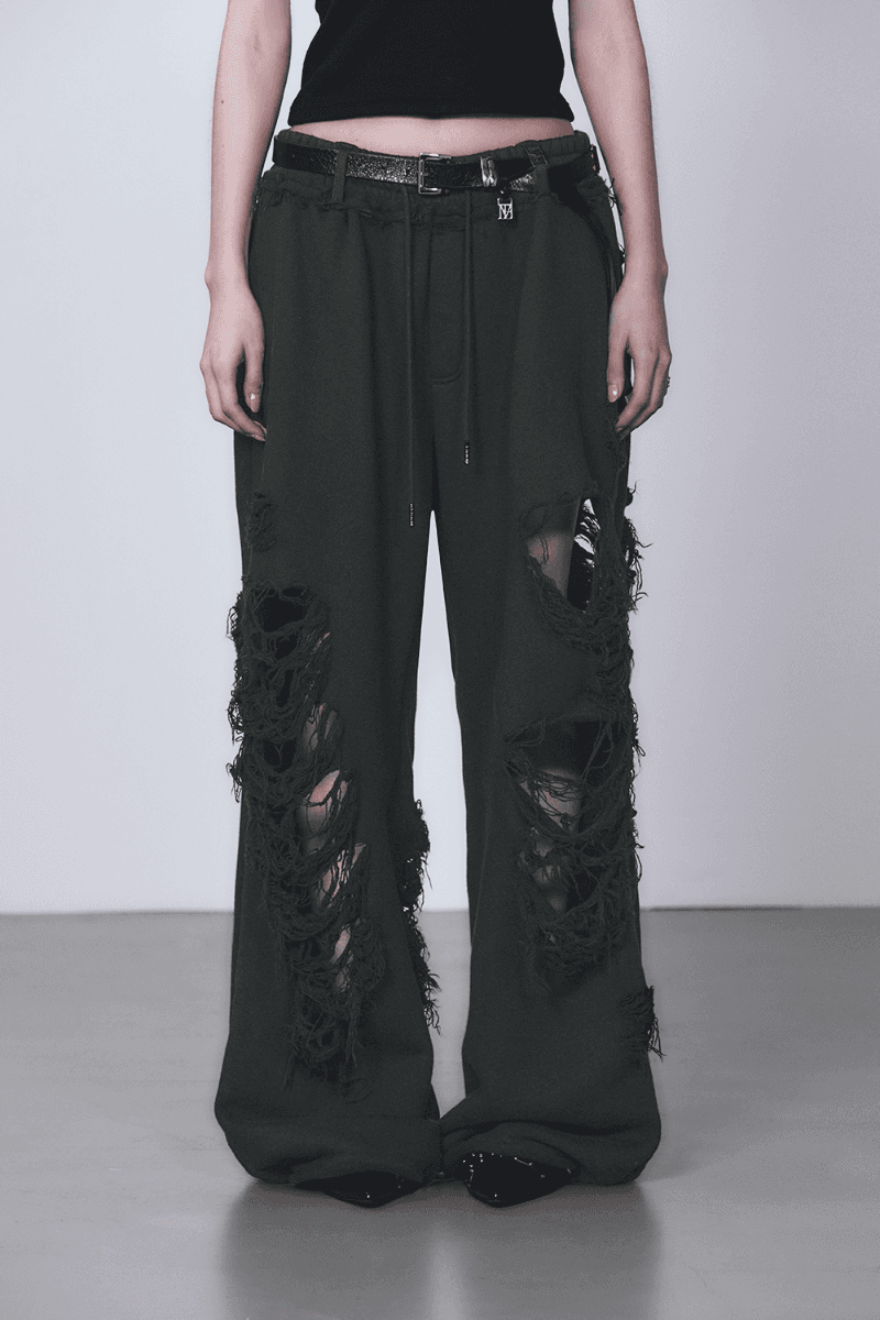 Scratch Damage Wide Sweat Pants [ Charcoal ]