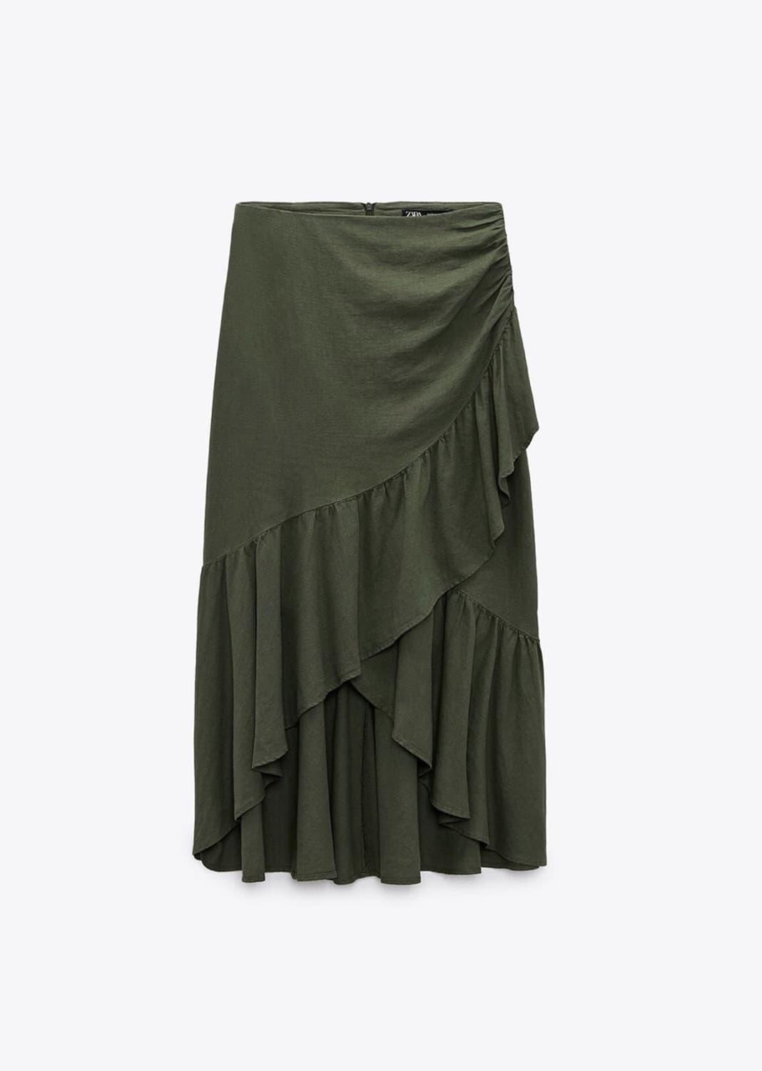 ZARA 자라 리넨 러플 미디 스커트 카키 | 후루츠패밀리