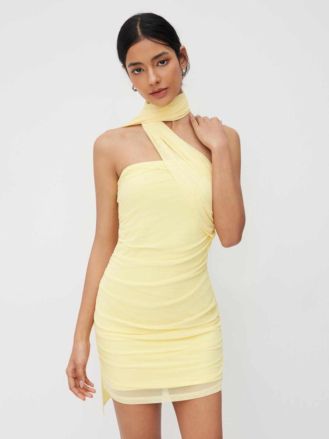 Halter Neckline Ruched Mesh Mini Dress